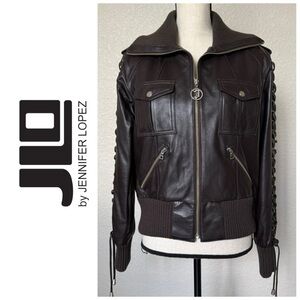 JLo by Jennifer Lopez Brown Leather Lace Up Grommet Sleeve Jacket